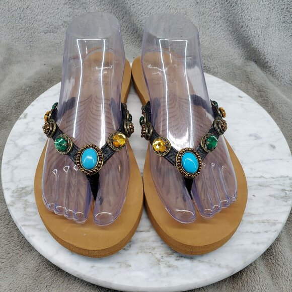Corkys Shoes Womens Size 8 Black Leather Jeweled & Embellished Thong Sandals - Picture 3 of 9